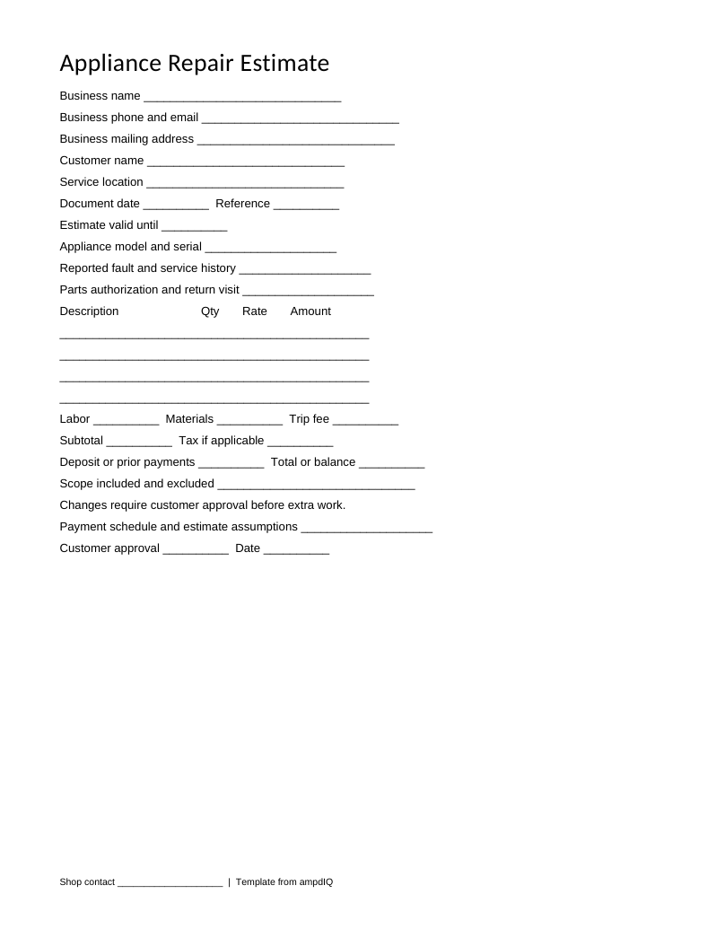 Blank Appliance Repair estimate form preview
