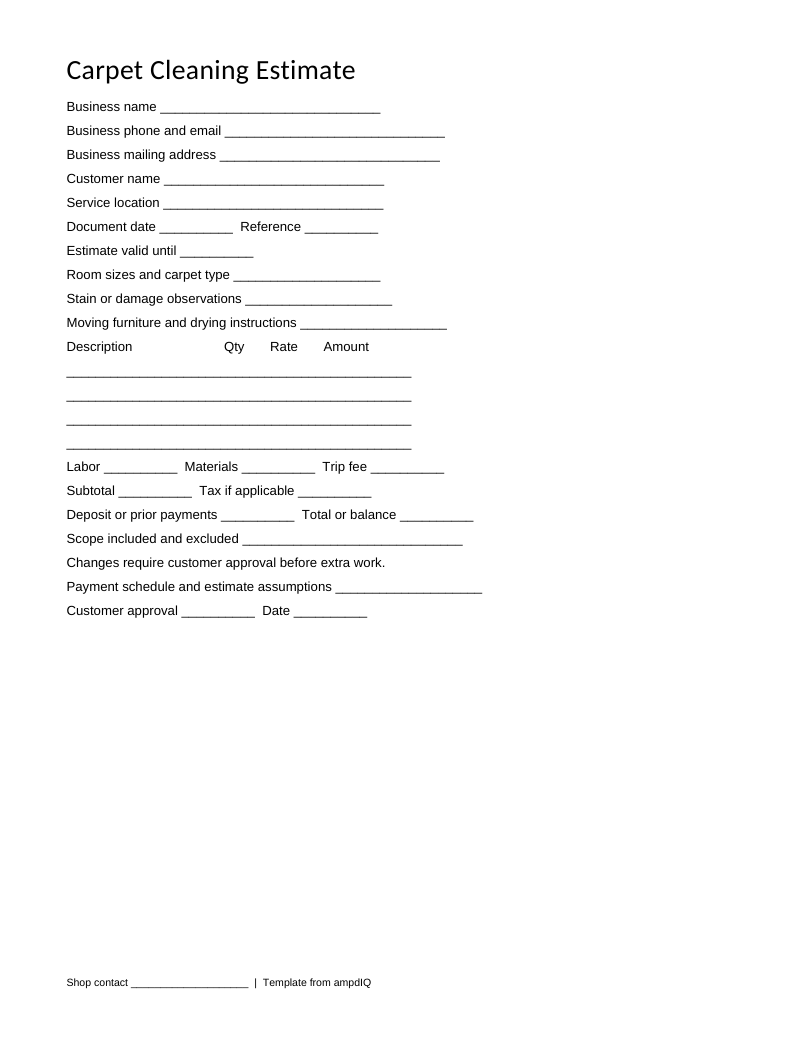 Blank Carpet Cleaning estimate form preview