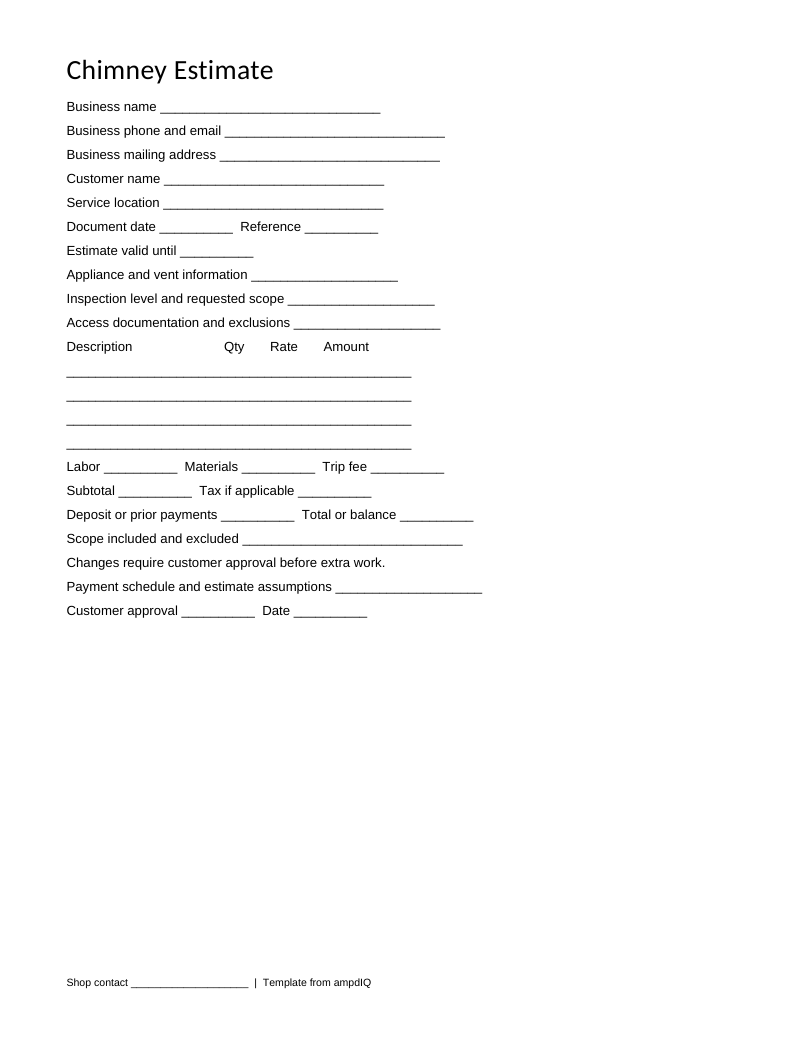 Blank Chimney estimate form preview
