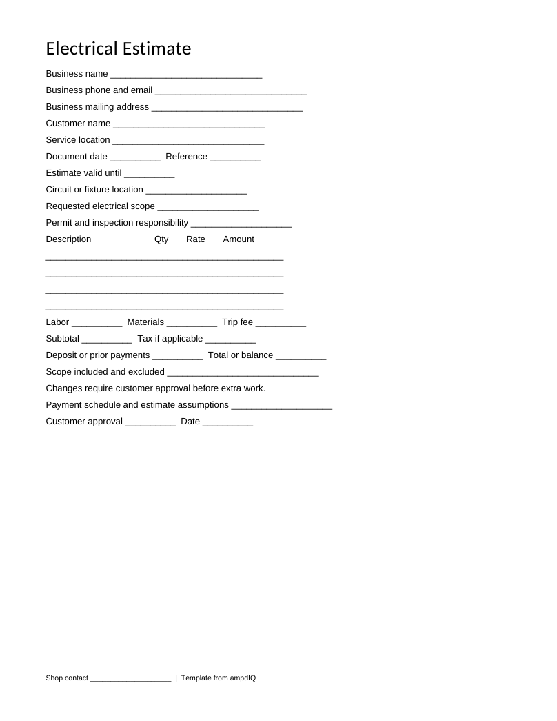 Blank Electrical estimate form preview