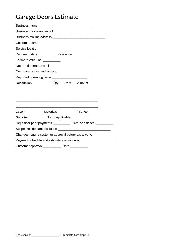 Blank Garage Doors estimate form preview