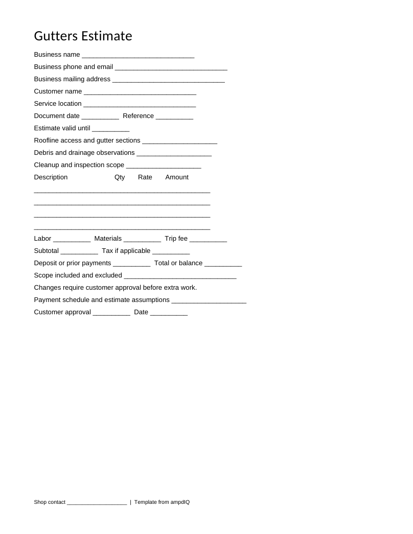 Blank Gutters estimate form preview