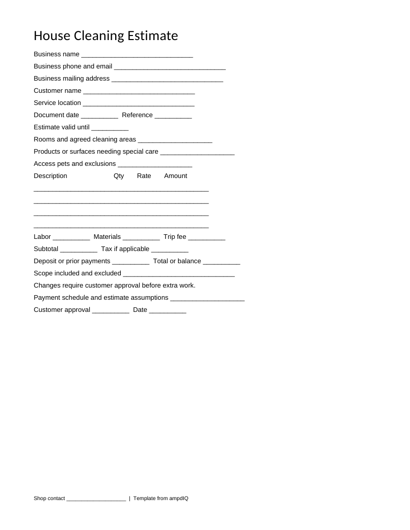 Blank House Cleaning estimate form preview