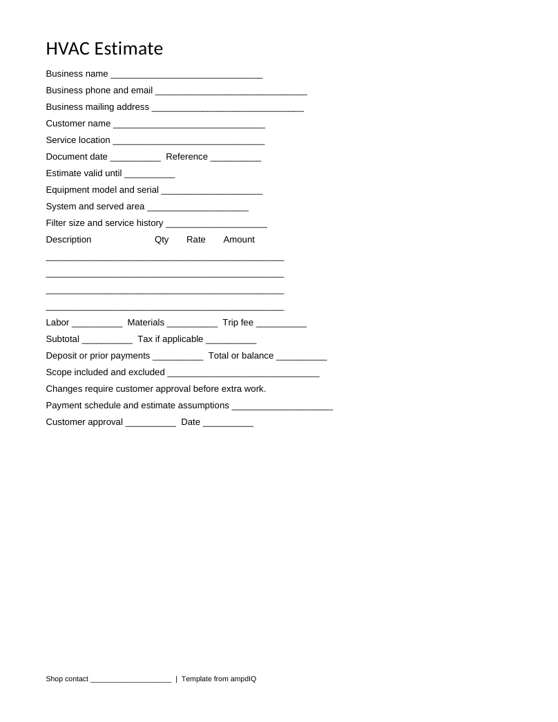 Blank HVAC estimate form preview
