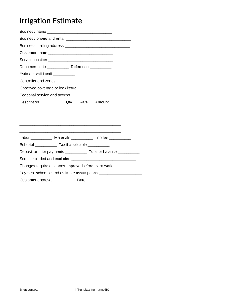 Blank Irrigation estimate form preview