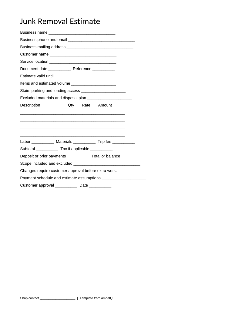 Blank Junk Removal estimate form preview