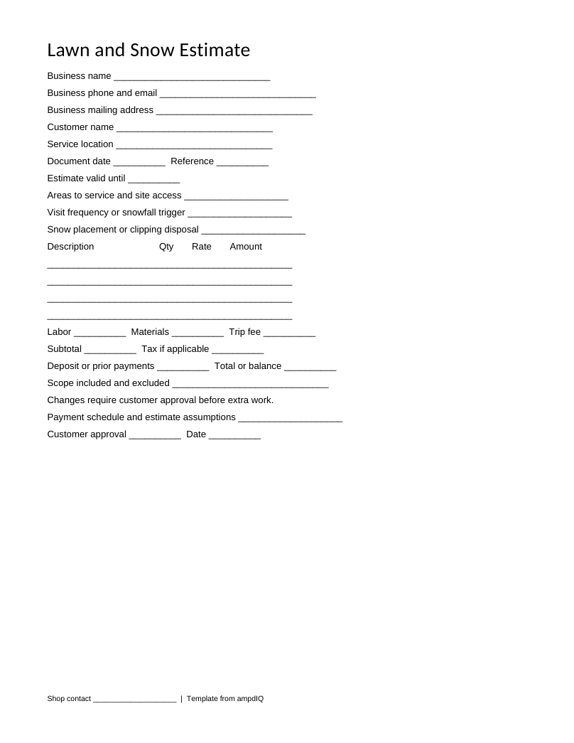 Blank Lawn & Snow estimate form preview