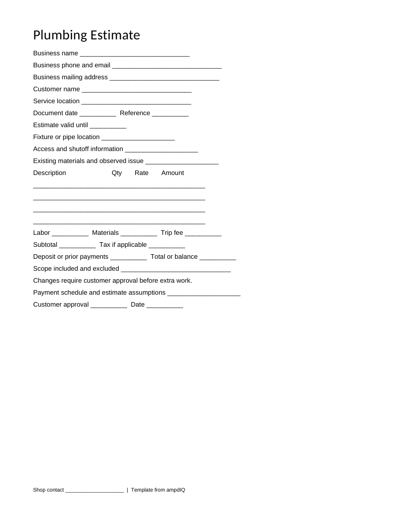 Blank Plumbing estimate form preview