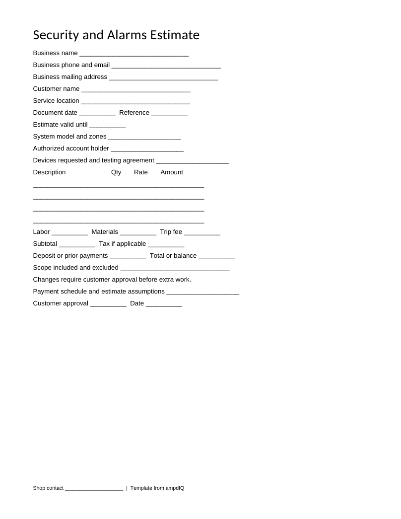 Blank Security & Alarms estimate form preview