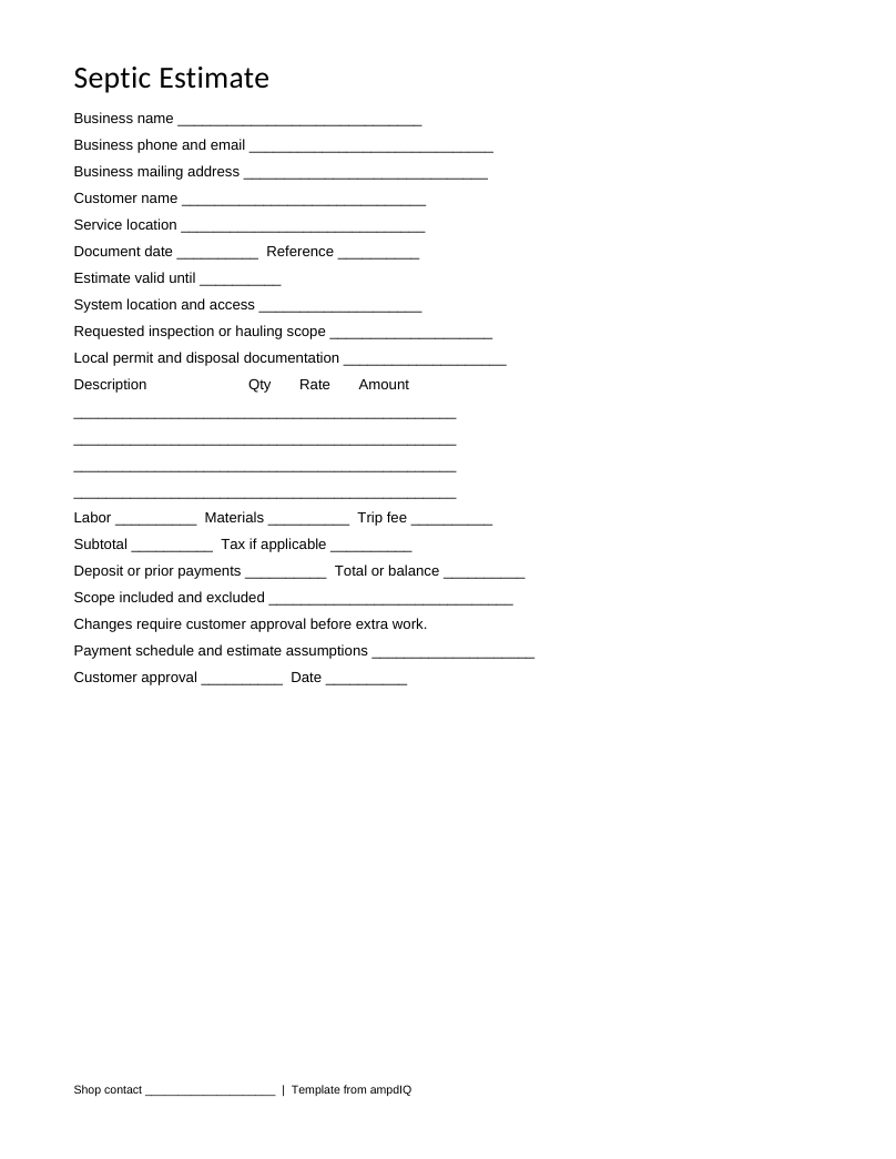 Blank Septic estimate form preview