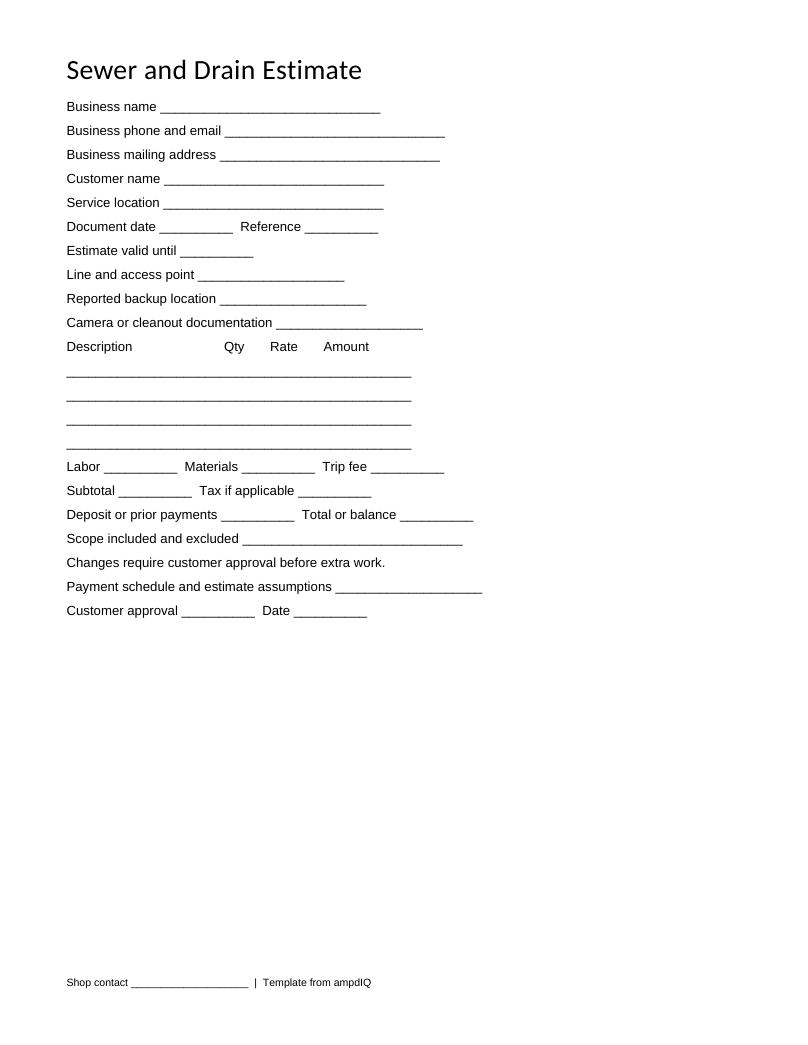 Blank Sewer & Drain estimate form preview