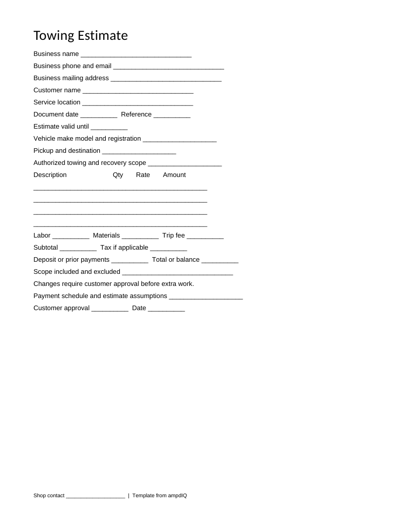 Blank Towing estimate form preview