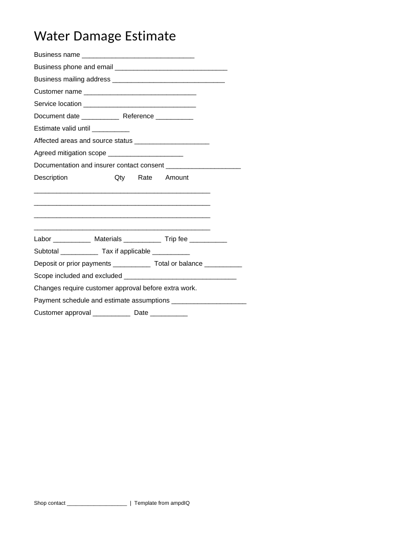 Blank Water Damage estimate form preview