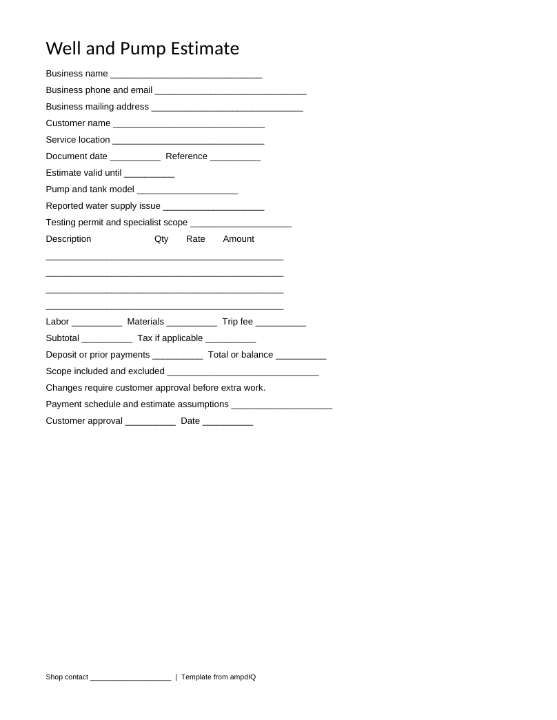 Blank Well & Pump estimate form preview
